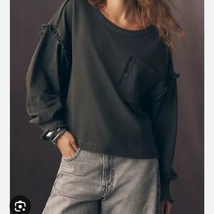 Pilcro Washed Pink Frayed Pocket Crewneck Sweatshirt